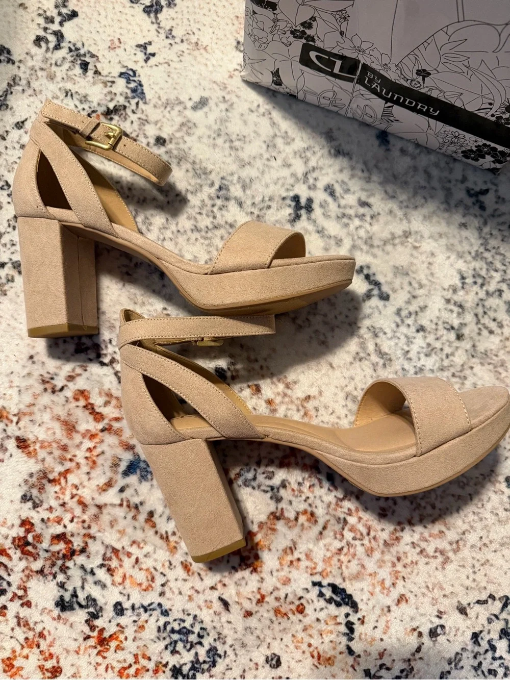 Chinese Laundry Nude/Tan Suede Block Heel Sandals with Ankle Strap